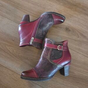 L Artiste Spring Step Women's Burgundy‎ Leather Ankle Boots Size 37 Wedge Heel